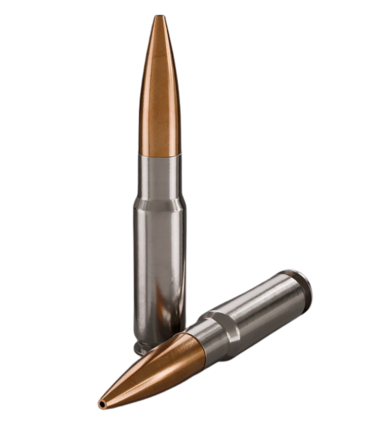 Two metallic bullets with copper tips.