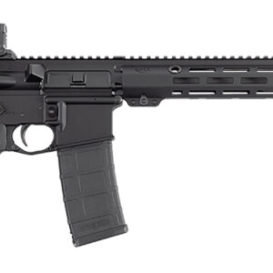 Modern black rifle on a white background.