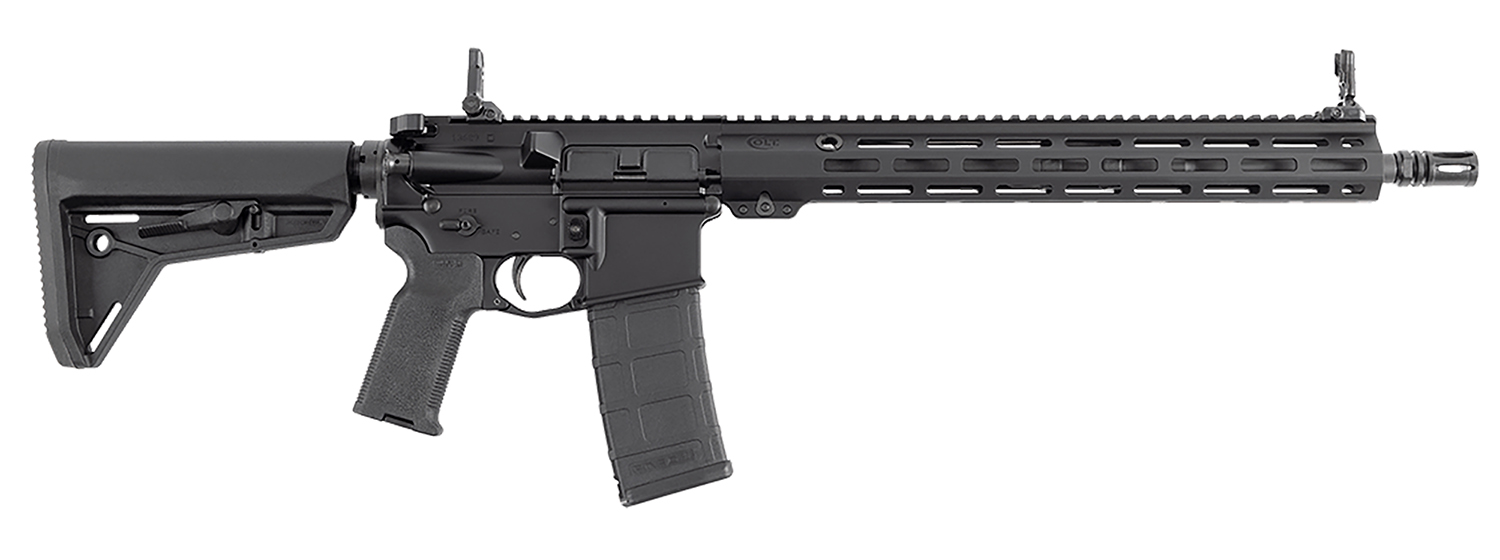 Modern black rifle on a white background.