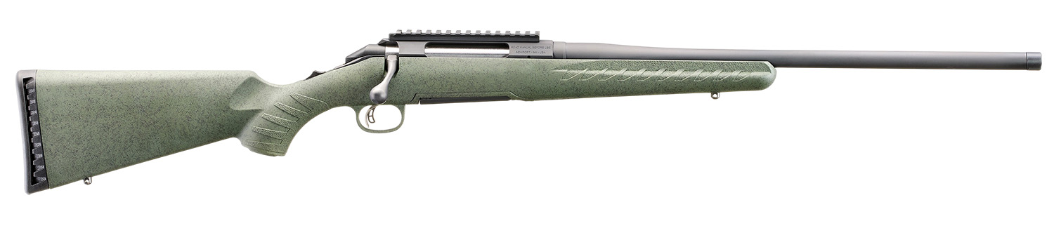 Side view of a green bolt-action rifle