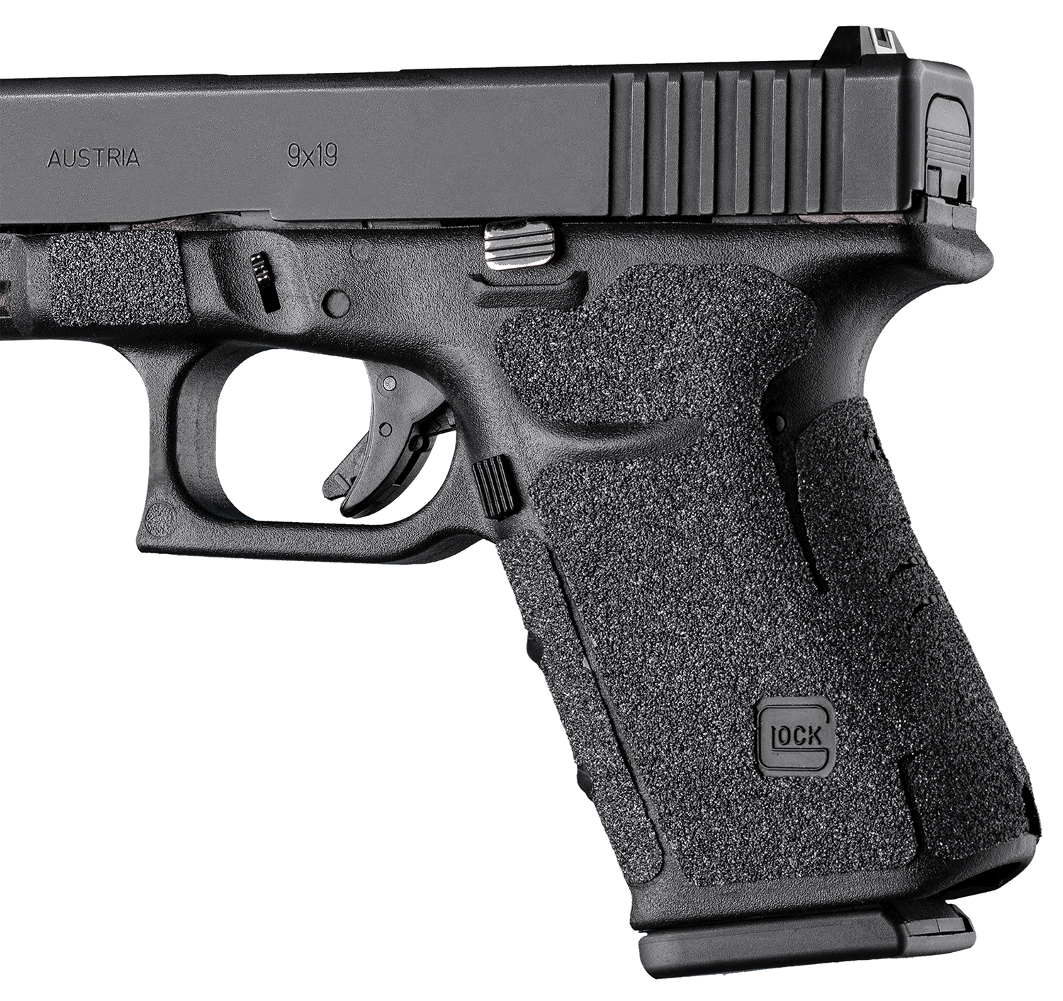 Close-up of a black Glock pistol.