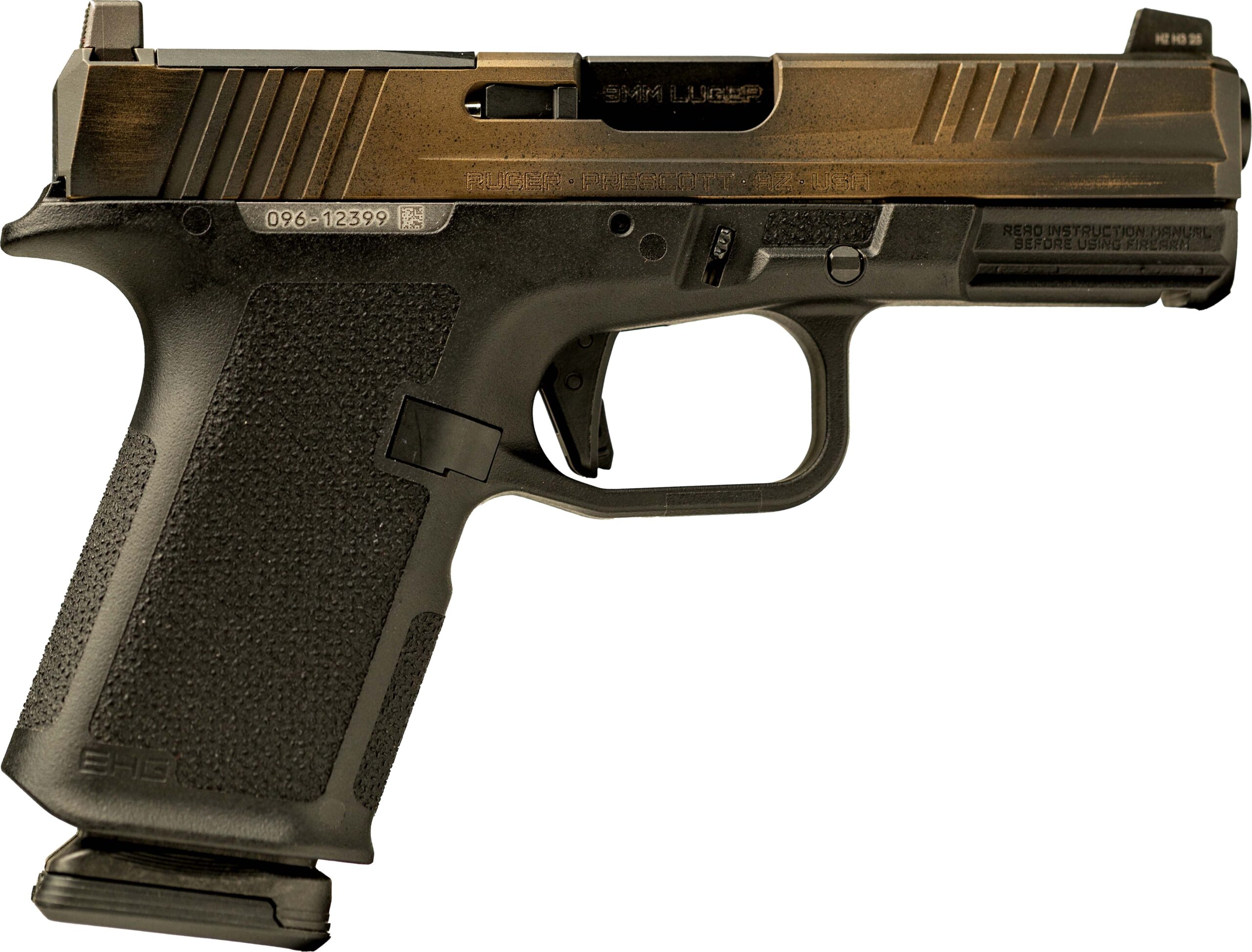 Black semi-automatic handgun close-up view.