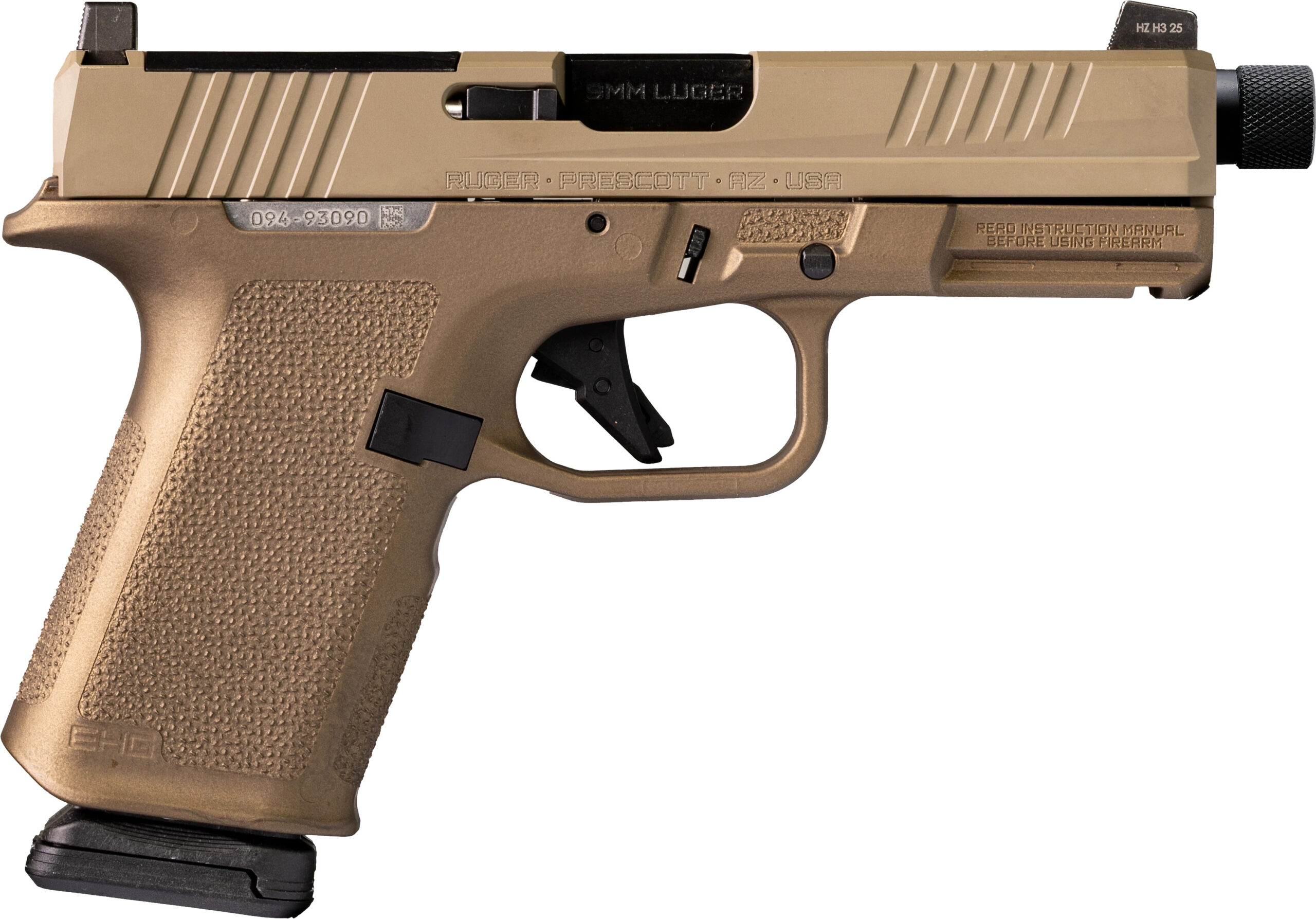 Side view of a tan semi-automatic handgun