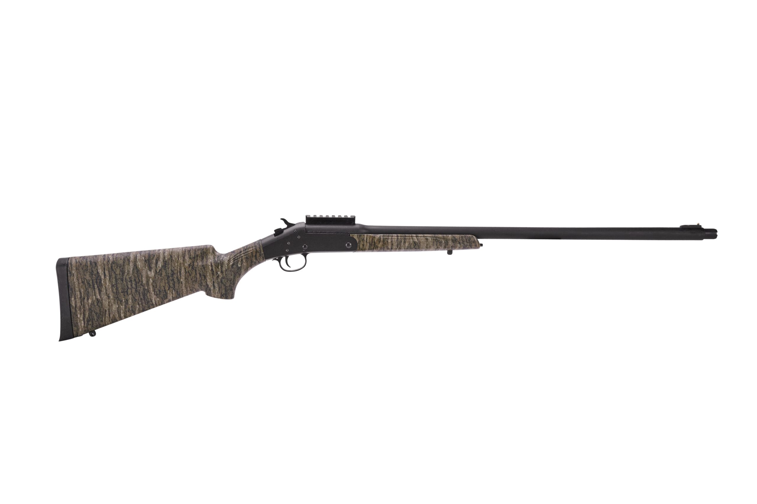 Side view of a hunting rifle with camouflage stock.