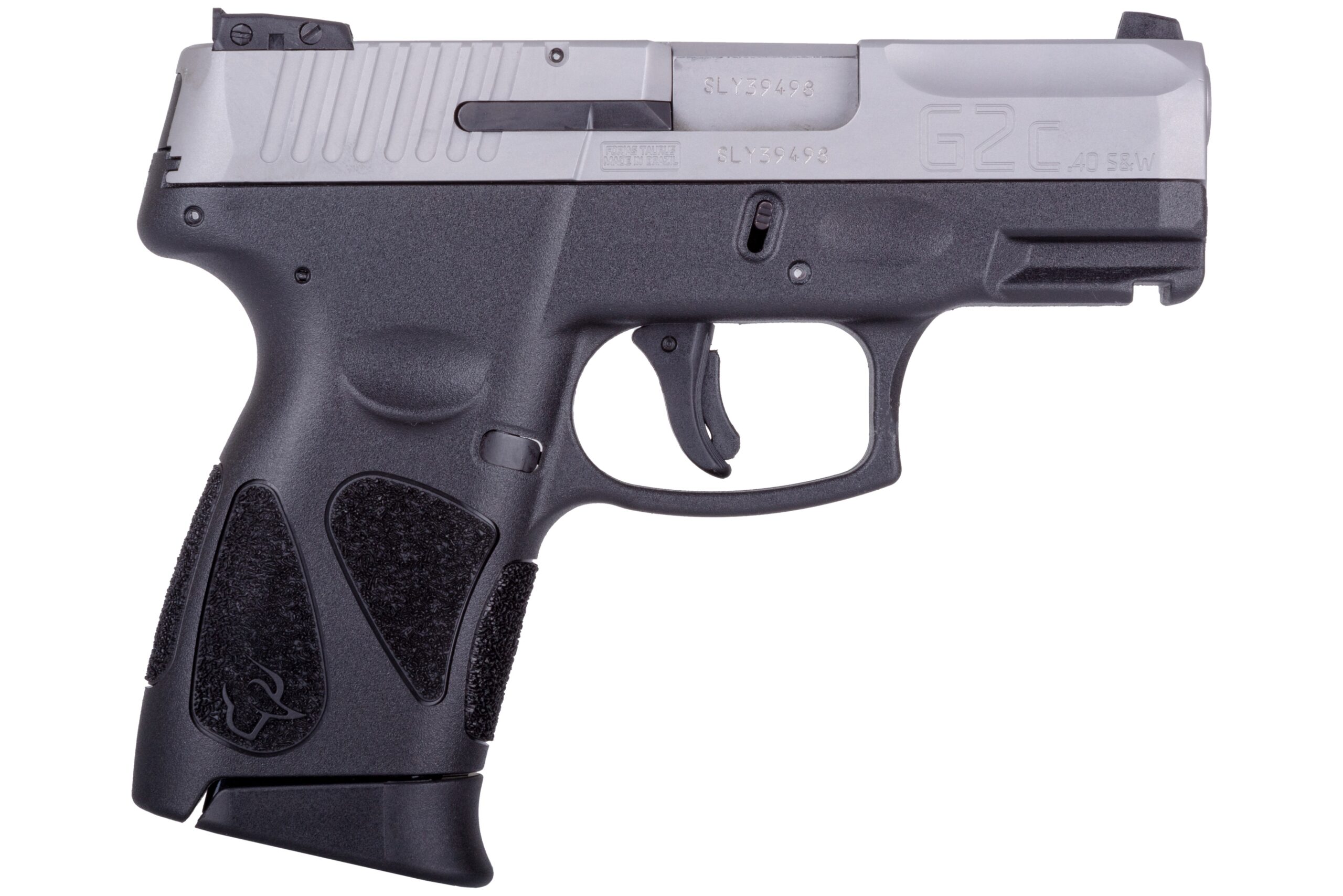 Compact semi-automatic handgun with textured grip.