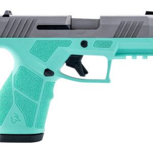 Turquoise handgun with textured grip and features.