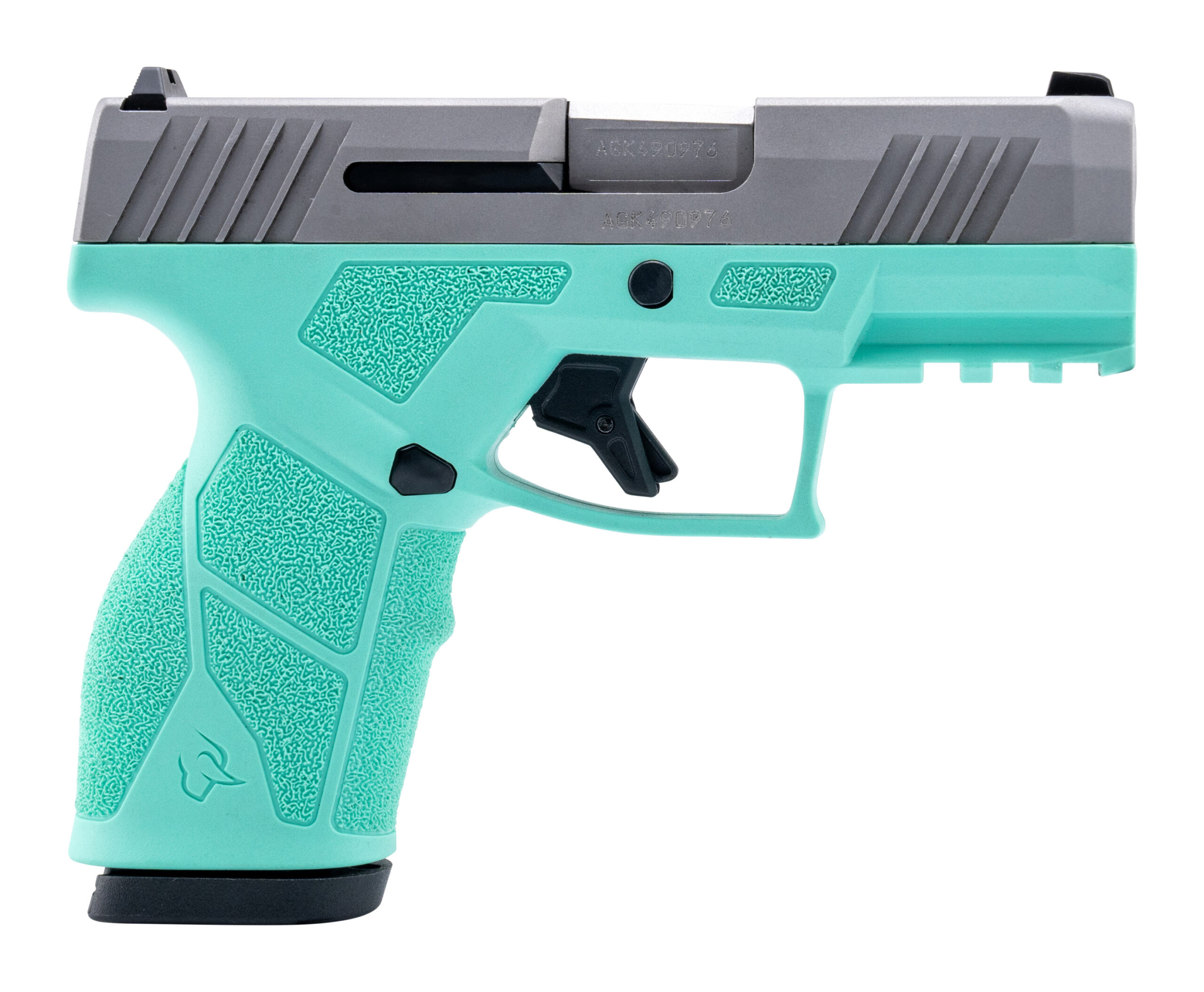 Turquoise handgun with textured grip and features.
