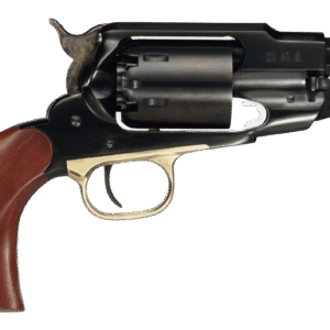 Historical revolver with wooden handle design.