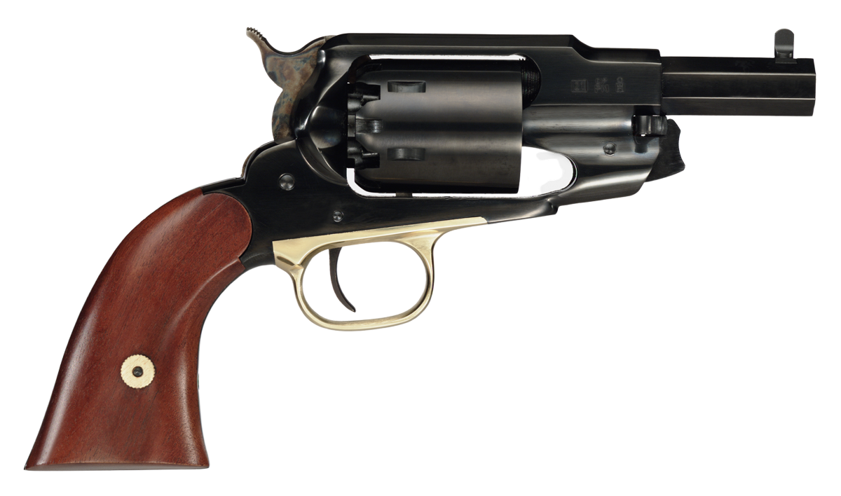 Historical revolver with wooden handle design.