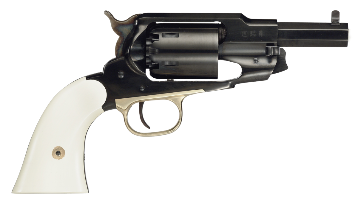 Close-up of a revolver with white grip
