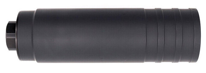 Black cylindrical object, likely a suppressor.