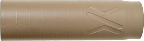 Tan cylindrical container with textured grip design.