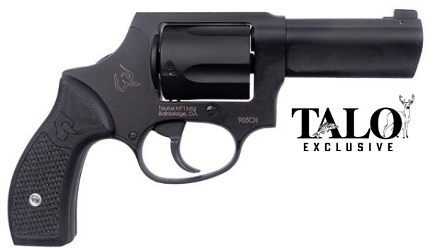 Black compact revolver with a visible brand logo.