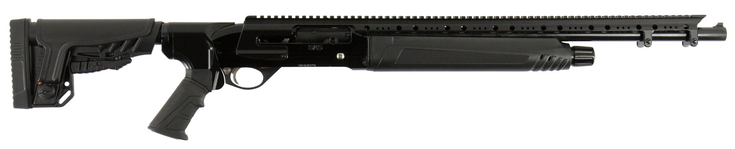 Black tactical shotgun with adjustable stock.