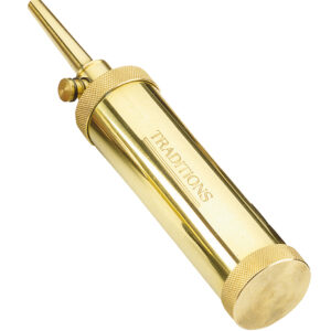 Brass tool with engraved details and nozzle.