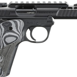 Black pistol with patterned grip and rail.