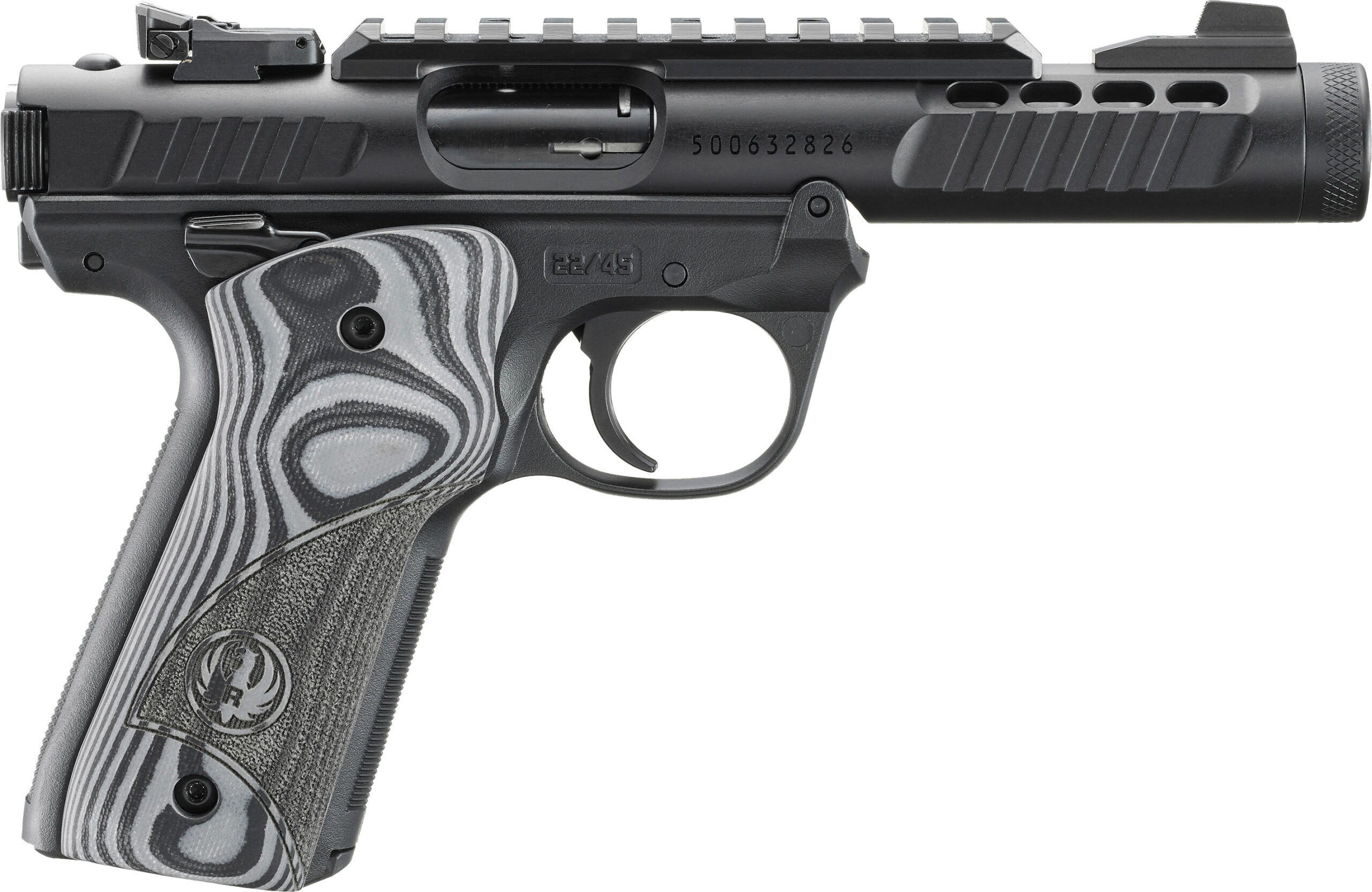 Black pistol with patterned grip and rail.