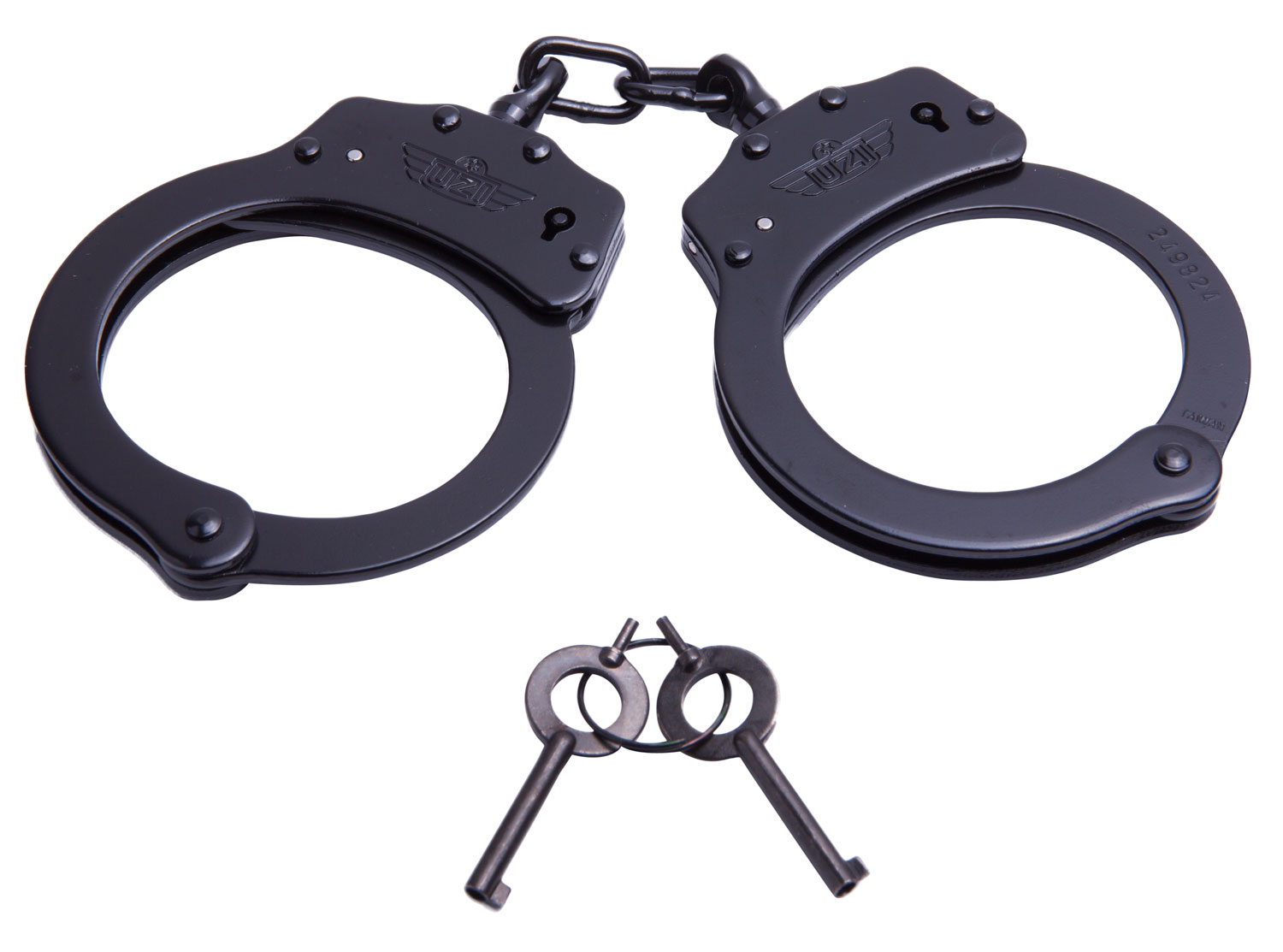 Black handcuffs with keys on a white background.