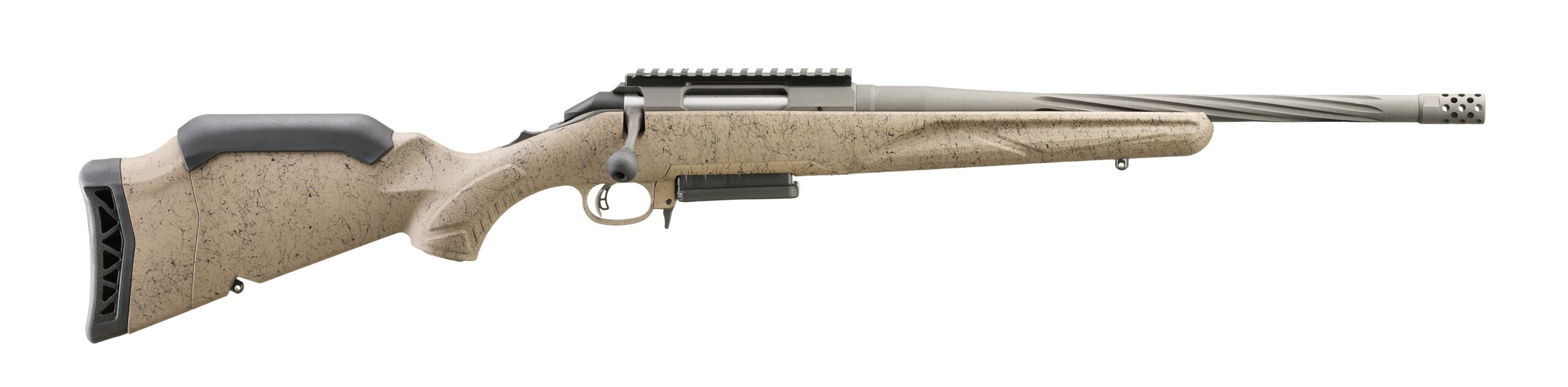 Side view of a modern rifle with beige finish