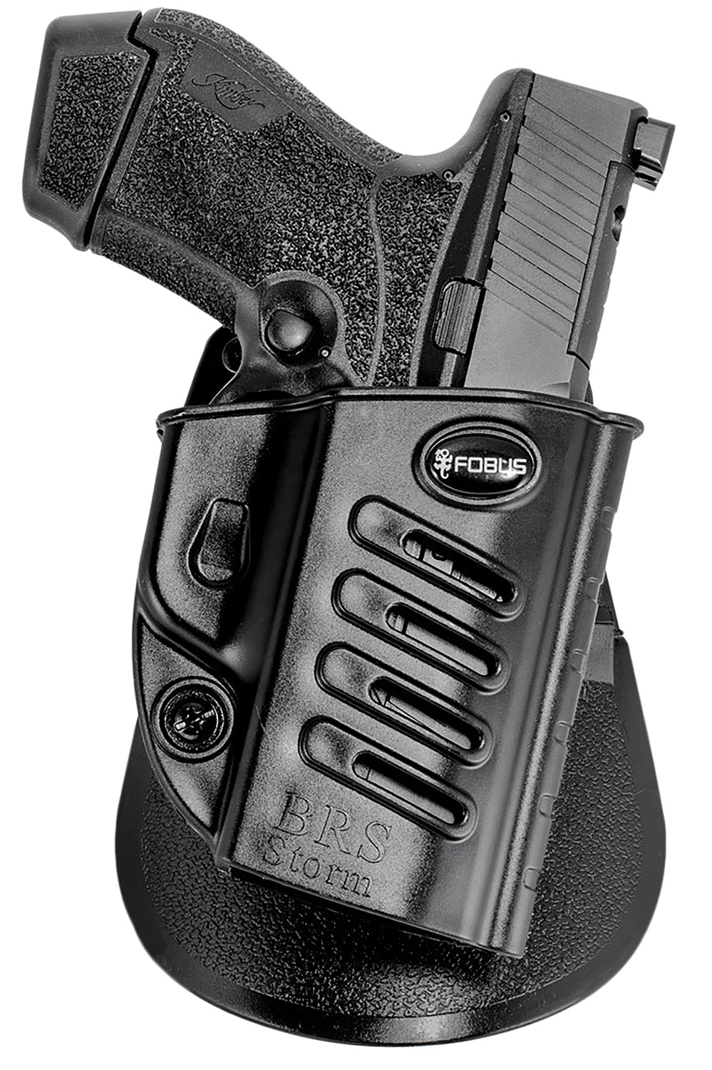 Black holster with handgun attached
