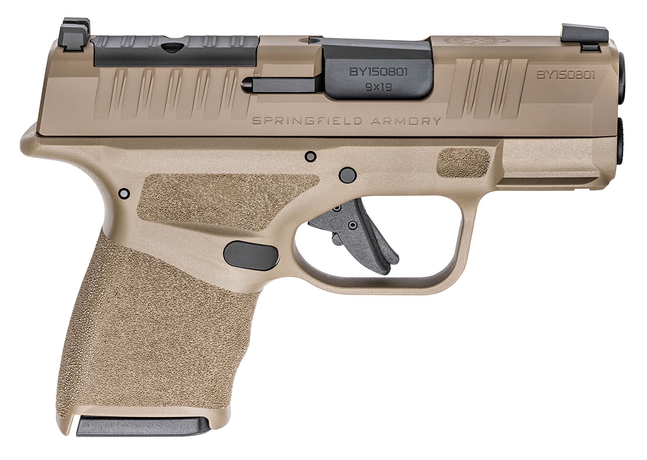 Springfield Armory compact pistol in tan color.