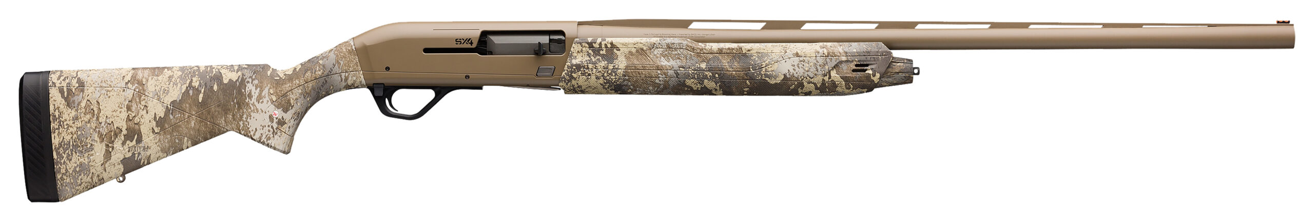 Side view of a camouflage shotgun