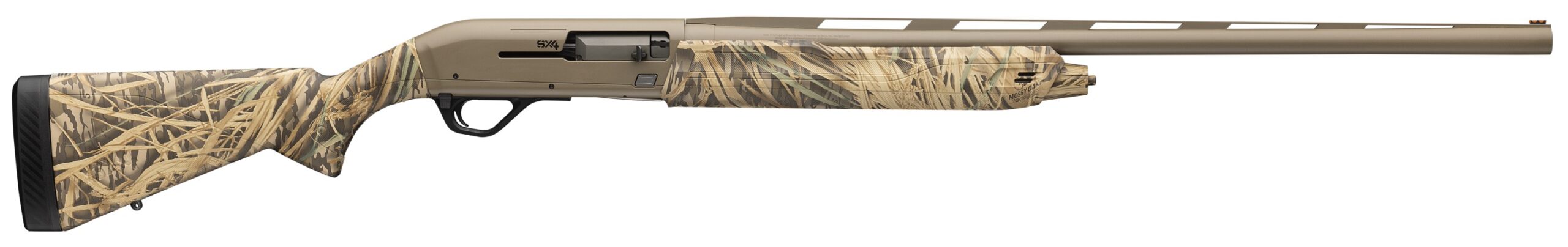 Side view of a camouflaged shotgun.