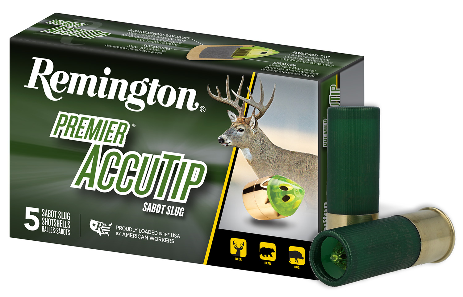 Remington AccuTip shotgun shells with deer graphic.