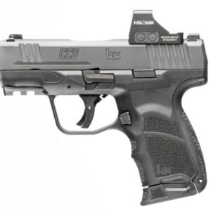 Black handgun with red dot sight on top.