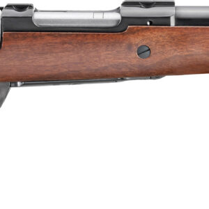 Side view of a wooden bolt-action rifle.