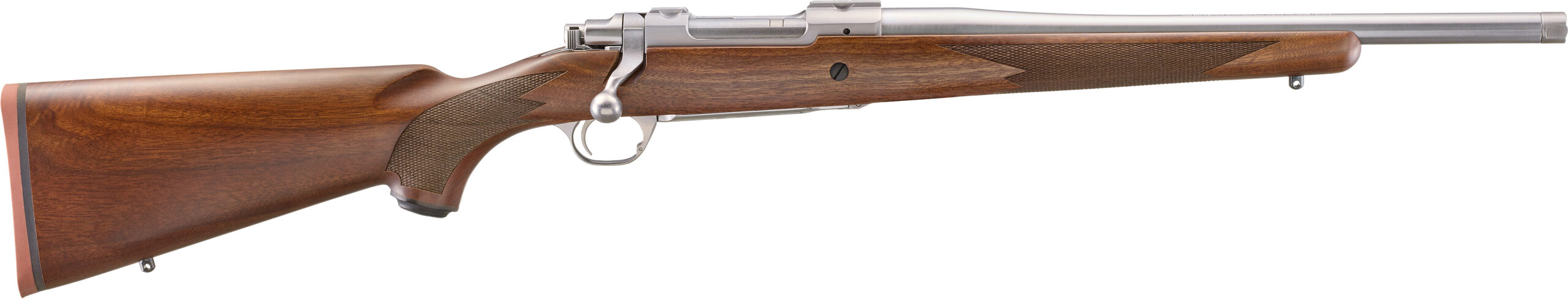 Side view of a wooden bolt-action rifle.
