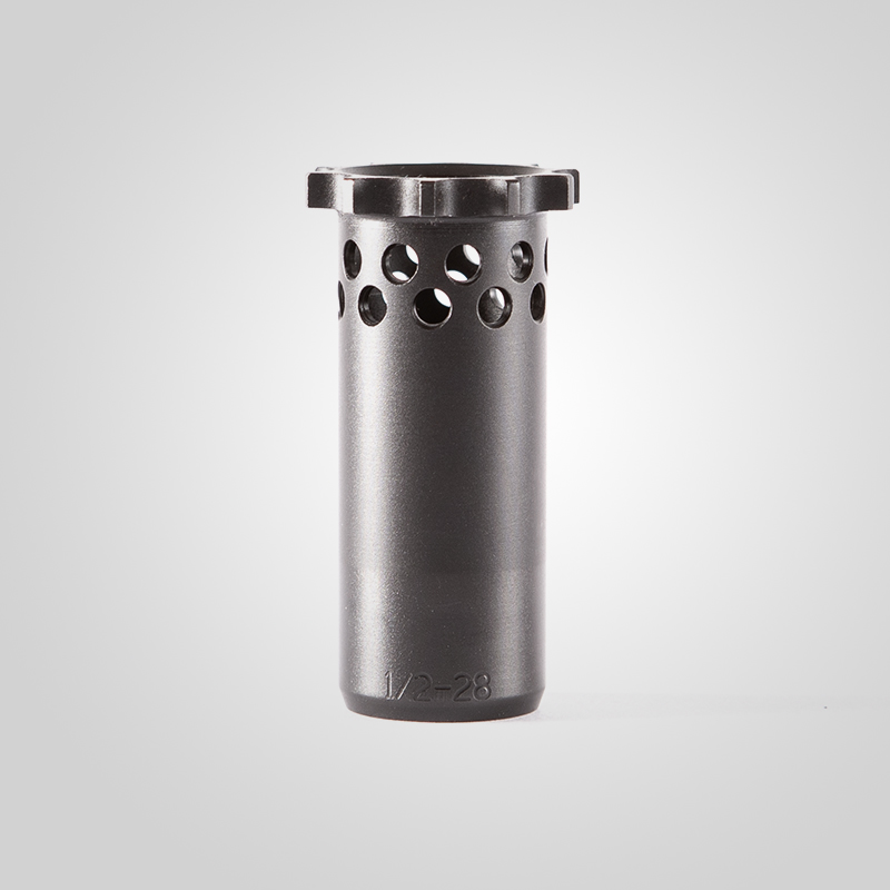 Black muzzle device with perforated design.