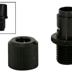 Two black threaded connectors for equipment.