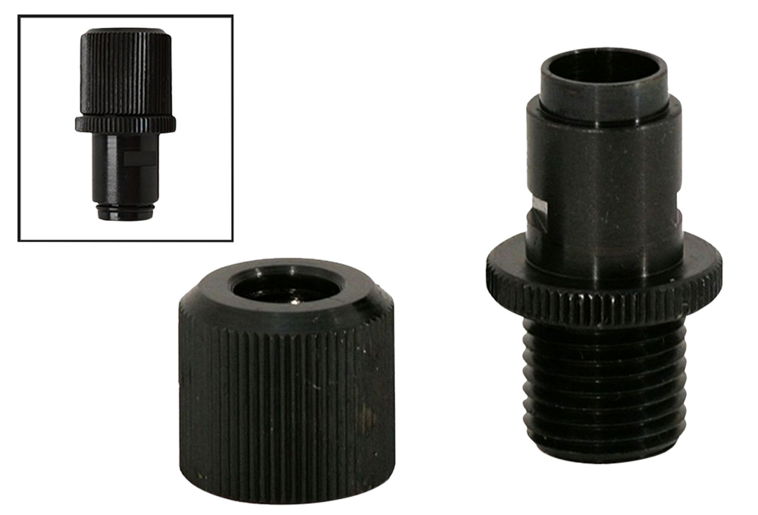 Two black threaded connectors for equipment.