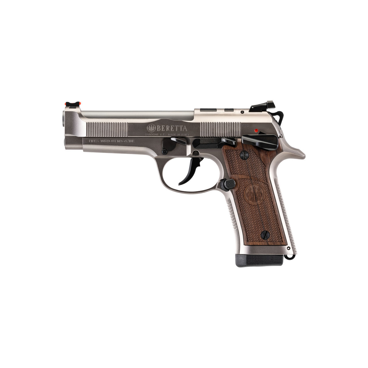 Beretta pistol with stainless steel finish.