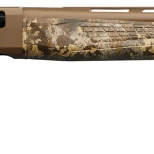 Camo-patterned shotgun on a white background.