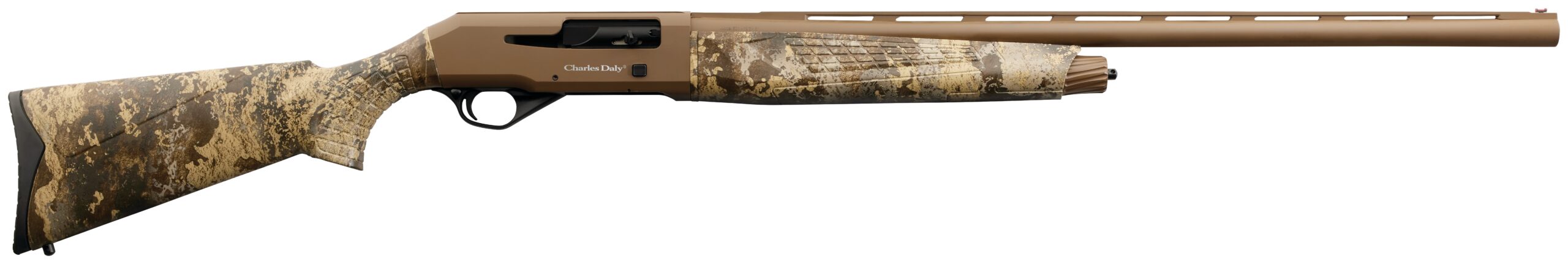 Camo-patterned shotgun on a white background.