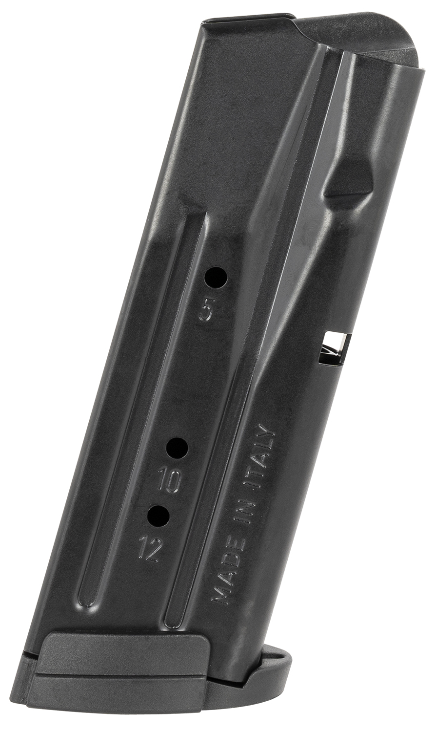 Black firearm magazine with capacity markings.