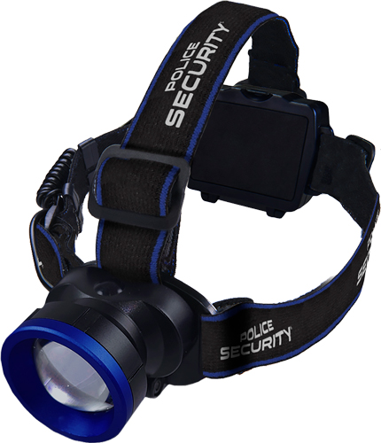 Black headlamp with adjustable strap and blue light