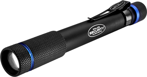 Black flashlight with blue accents and clip.