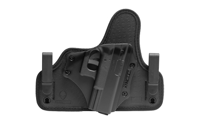 Black holster with handgun secured inside