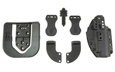 Various black firearm accessory parts arranged flat