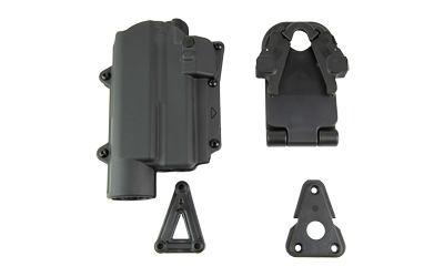 Various black mechanical components arranged together.