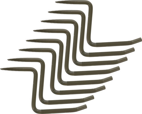 Set of dark green tent stakes in rows.