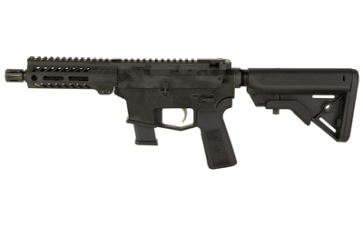 Black rifle with tactical features and adjustable stock.