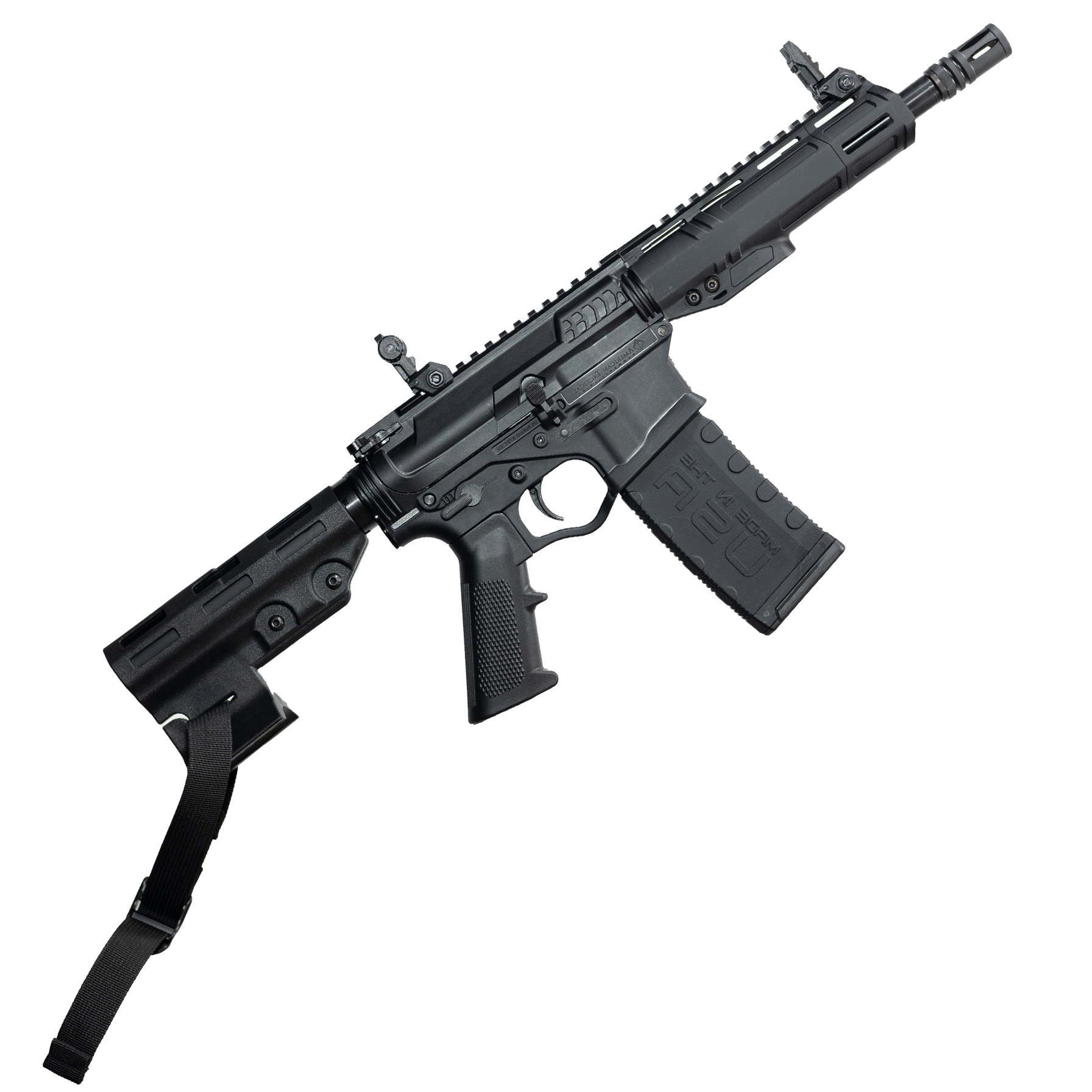 Black semi-automatic rifle positioned diagonally.