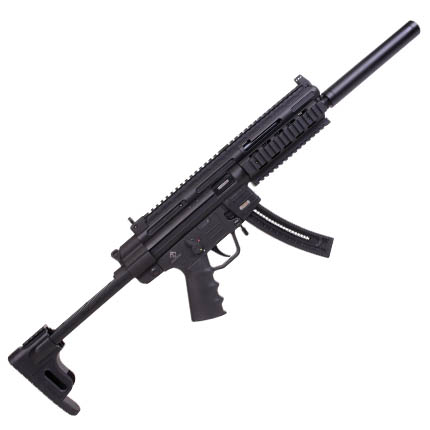 Black semi-automatic rifle with suppressor