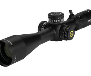Black rifle scope with adjustable magnification.