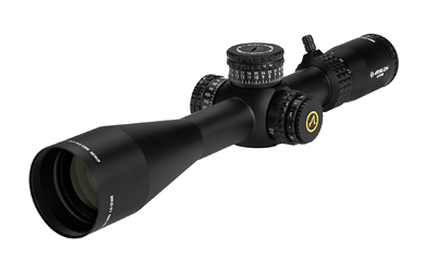 Black rifle scope with adjustable magnification.