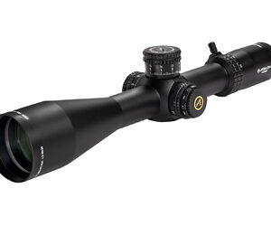 Black tactical rifle scope with adjustment features.